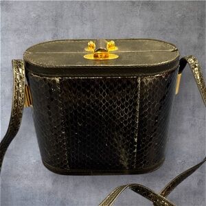 Vintage 1970's Black Faux Snakeskin box purse Handbag with long crossbody strap